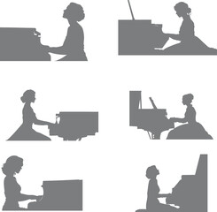 A collection of silhouettes of a girl wearing a dress, playing the piano. Suitable for music concert elements, banners, social media and books, flyers and design elements.