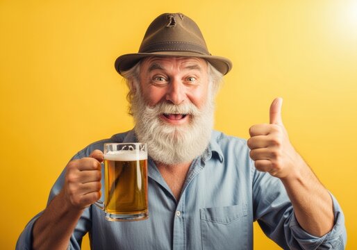 happy senior man in blue shirt and hat holding beer mug and showing thumbs up against yellow background - Powered by Adobe