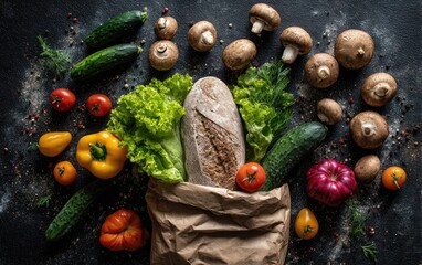 Fresh produce in a brown paper bag on dark surface