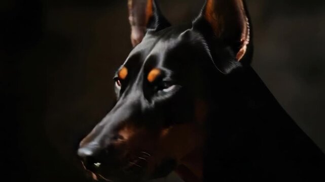 Stunning Profile Portrait of a Majestic Doberman Pinscher with Glossy Black and Tan Coat Against a Dramatic Dark Background, Capturing the Breed's Noble Stature and Intelligent Expression