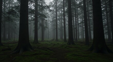 Obraz premium Towering Pines in a Mystical Fog, Ground Covered in Verdant Moss