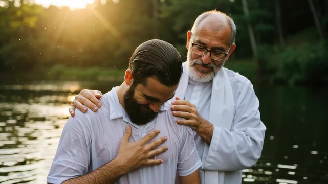 Man gets baptized in water by clergyman. Christian baptism ceremony outdoors. Religious sacrament and spiritual rebirth footage.