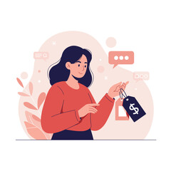 Young woman holding price tag with dollar sign in modern illustration  