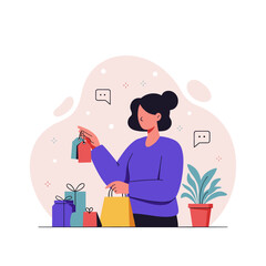 Woman shopping and holding gift tags while surrounded by packages  