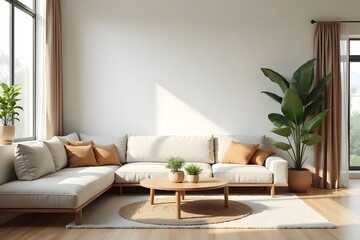 A minimalist living room with earthy tones and indoor plants.

