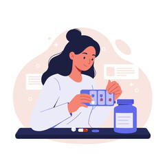 Female pharmacist examining pills at pharmacy counter