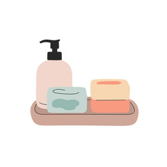 Soap bars and dispenser on tray in pastel minimalist style