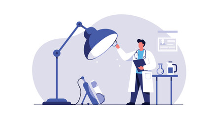 Medical professional adjusting lamp in laboratory setting  