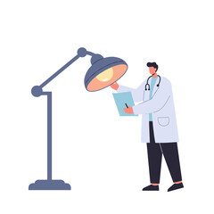 Male doctor adjusting medical lamp with clipboard on white