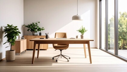Cozy Wooden Desk with Lush Green Plant in Corner Creating a Warm and Inviting Workspace Atmosphere