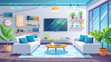 Modern white living room, comfy sofa, flat-screen TV, living room, white walls