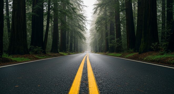 Vanishing Point on a Wet Road Through a Moody, Fog-Laden Forest
