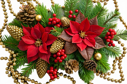 Festive christmas arrangement with red poinsettias, pine cones, and gold beads isolated on transparent background, perfect for holiday decorations - Powered by Adobe