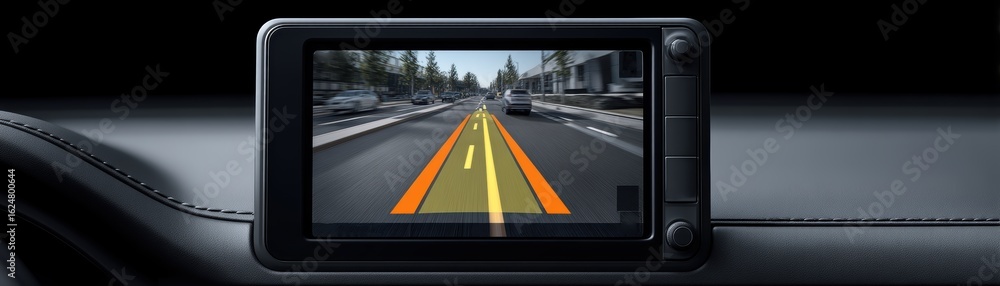 Poster a car dashboard screen displays a navigation system with augmented reality lane guidance on a city r