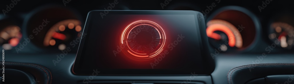 Poster a car dashboard screen displaying a glowing red circular interface, surrounded by illuminated speedo