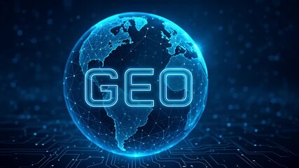 Glowing geo text floats over 3d holographic globe with digital lines and circuit network, showing global tech, ai strategy, search intelligence - Powered by Adobe
