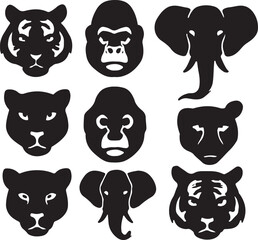 A fun collection of cute cartoon animal faces including a dog, cat, pig, bear, panda, tiger, and lion in vector icon illustrations