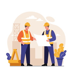 Two construction workers holding blueprint at building site