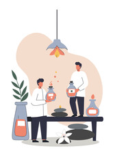 Two people making essential oils in spa lab with decor