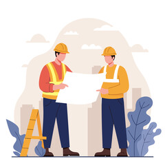 Two construction workers checking blueprint with buildings behind
