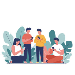 Young people using smartphones outdoors with leaves background