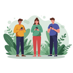 Three young adults using smartphones in a green botanical setting  