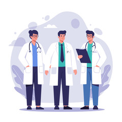 Three doctors in discussion with clipboard and medical charts
