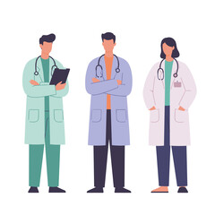 Three doctors standing with stethoscopes on white background