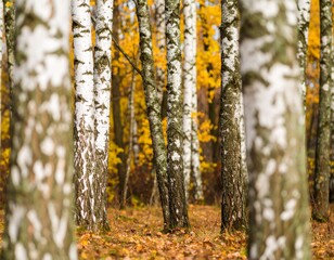 Obraz premium birch forest in autumn inside the planting of yellowed trees