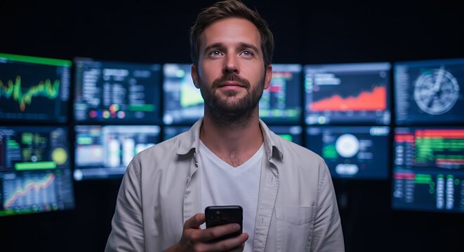 Visionary Trader Gazing Upwards, Surrounded by Glowing Financial Data Screens.