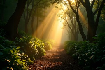 Obraz premium A dense jungle path covered in golden morning light. 