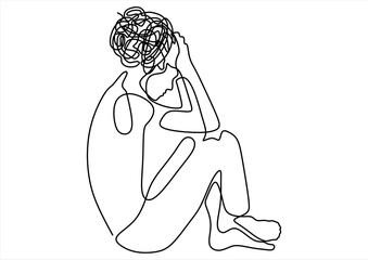 Continuous line drawings of man feeling sad, tired and worried about suffering from depression in mental health. problems, failures and concepts of heartbreak isolated on white background