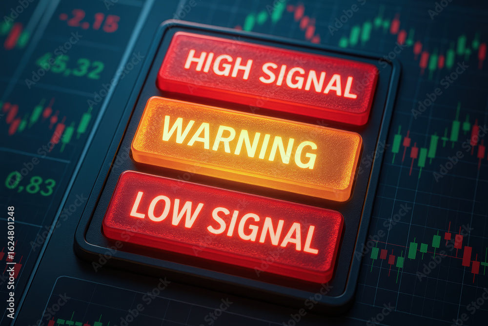 Poster high signal and low signal warning buttons on trading screen represent energy and ai in market alert