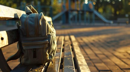 A photo of a school bag on a playground bench