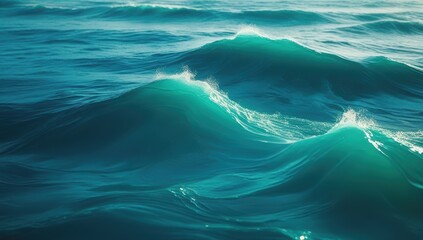 Fototapeta premium Close up of glowing turquoise ocean waves with sunlight reflecting on the water