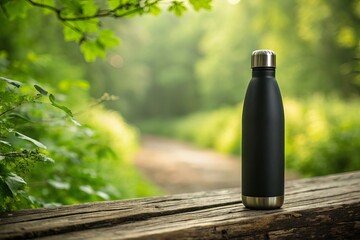 Reusable water bottle standing on a wooden surface in a lush green forest with a blurred background