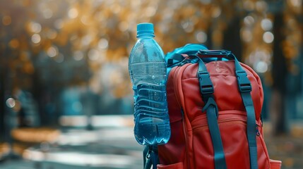 A photo of a school bag with a sports water bottle