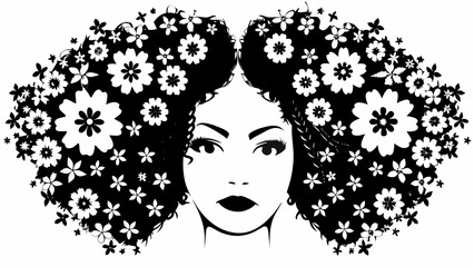 Elegant woman with floral afro hairstyle in black and white graphic design with detailed facial features | editable eps vectors silhouette