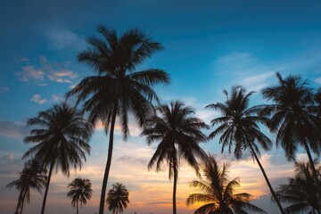Fototapeta premium Silhouetted palm trees against a vibrant sunset sky (1)