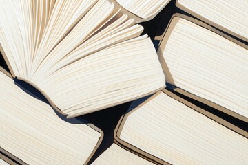 Top view of white hardcover books arranged, light wood grain texture background decorative illustration
