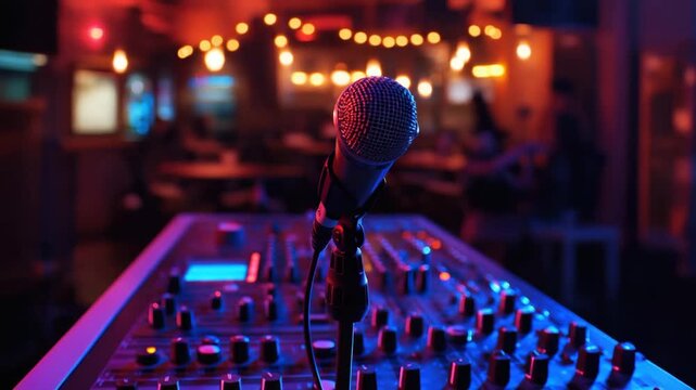 Microphone and sound mixer setup in dim lighting with colorful light and blurred background enhancing audio equipment for music event concert performance vibrant atmosphere