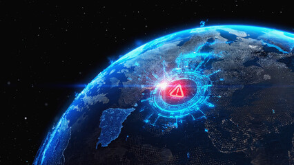 Obraz premium Futuristic 3D Rotating Earth with Glowing Blue Continents and Red Cybersecurity Alert Icon