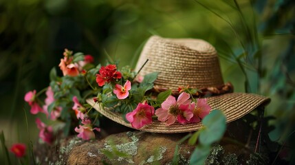 A photo of a gardeners hat with flowers