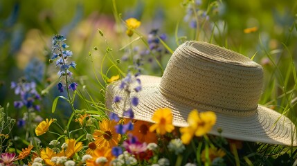 A photo of a gardeners hat with flowers
