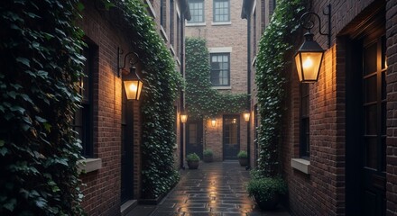 Fototapeta premium Enchanting Ivy-Covered Alleyway with Glowing Lanterns Illuminating Bricks and Stone