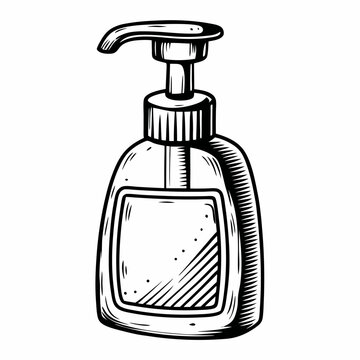 Pump-top soap dispenser bottle illustrated in minimal line style, representing hygiene, liquid soap, and bathroom or kitchen utility
