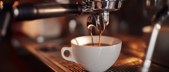 The espresso machine pouring rich coffee into a white cup.