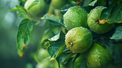A photo of a guava tree with green guavas.