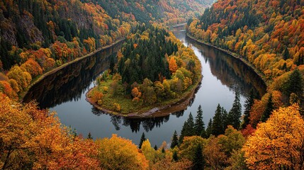 An aerial view of a serene river meandering through a valley, its banks adorned with vibrant autumn foliage in hues of red, orange, and gold. A small, tree-covered
