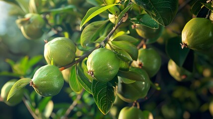 A photo of a guava tree with green guavas.